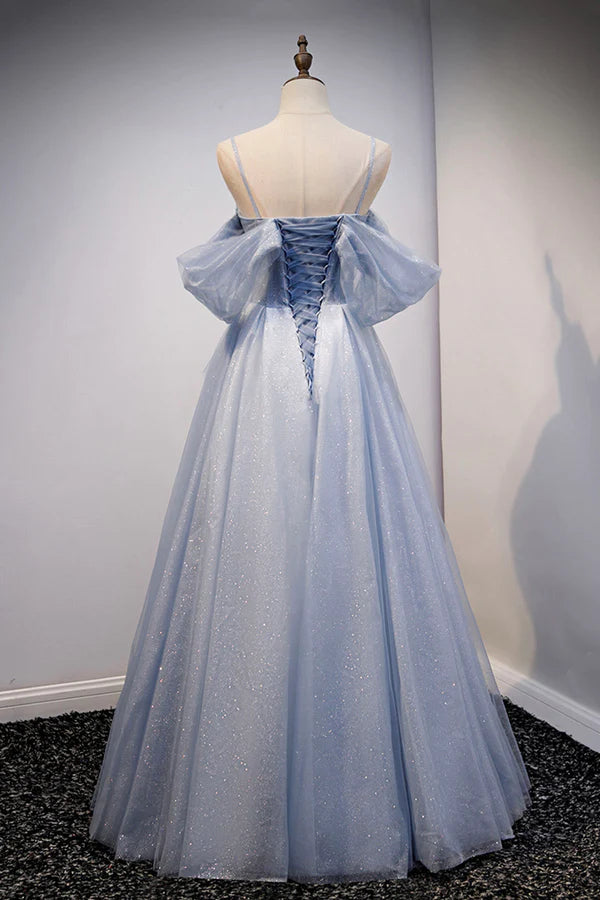 Wholesale Spaghetti Straps Blue Tulle Long Prom Dress Off the Shoulder Evening Dress